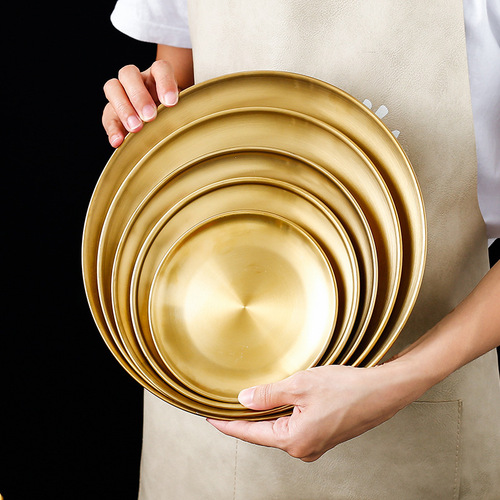 304 stainless steel Korean barbecue plate thickened round plate golden dessert plate Western food plate buffet plate barbecue plate