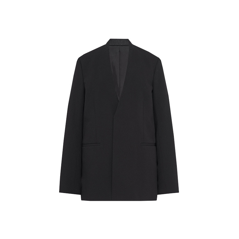European American Wool Blazer For Women, Loose Fit, No Buttons, Minimalist Black Suit Jacket, Spring And Autumn_ecoleips.com