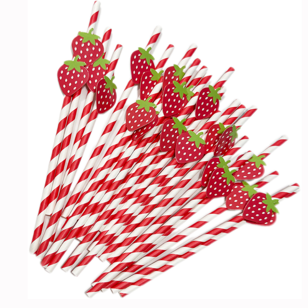 Suministros para fiestas transfronterizas Pajitas de papel creativas Pajitas de fresa Accesorios Disposición Pastel Postre Pajitas Decoración Lote de lugar