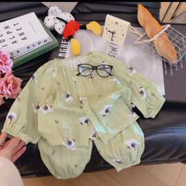 睡衣女童春秋季圆领长袖长裤甜美云朵棉中大童印花网红家居服套装