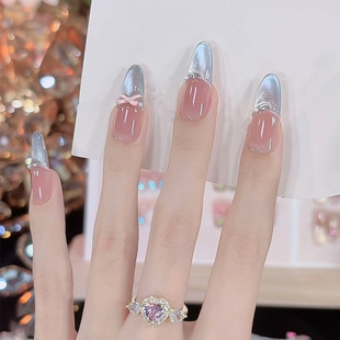 Summer Popular Handmade Nails Sea Salt Blue Elf Cat Eye French Pearl Bow Manicure Atmosphere Nails