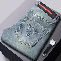 European and American Brand Jeans Men's Korean Style Slim Fit Small Foot Cross-border Foreign Trade High-quality European Products Elastic Washed 1:1 Pants