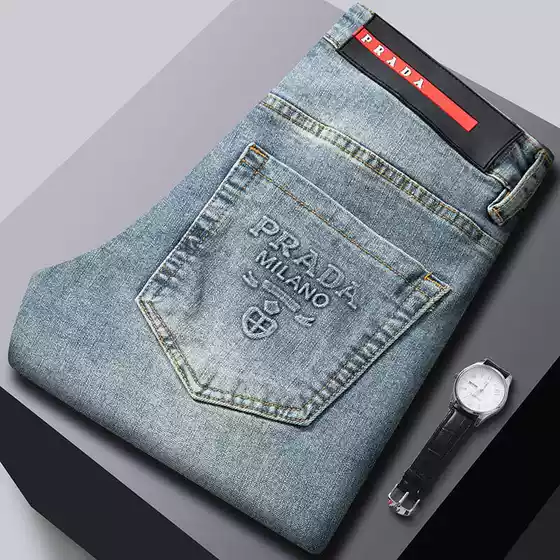 European and American Brand Jeans Men's Korean Style Slim Fit Small Foot Cross-border Foreign Trade High-quality European Products Elastic Washed 1:1 Pants