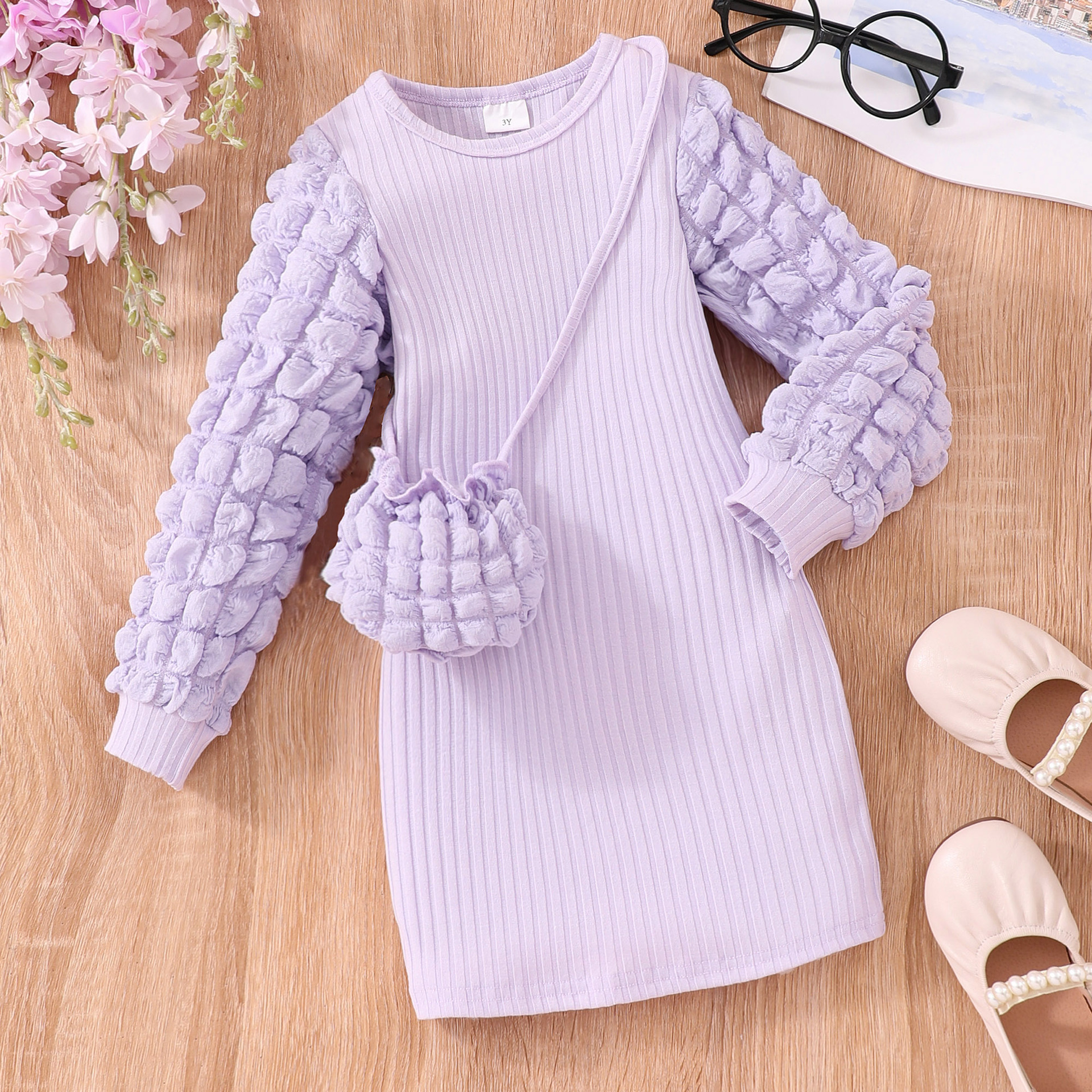 Autumn long-sleeved puff-sleeved solid c...