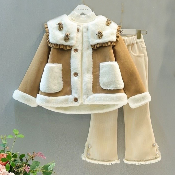 Mergaičių žieminis kostiumas mergaičių kailiukas viename korpuse plius vilnos storos paltinės kelnaitės dviejų dalių komplektas_voghion.com