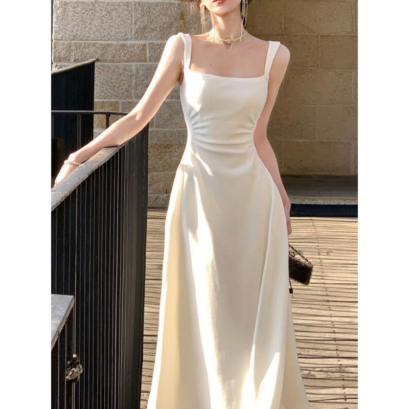 [Lightning Warehouse Hot Style] French First Love White Suspender Dress Women's New Summer Long Skirt with Slim Fit