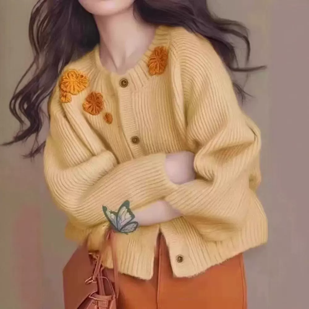 简约刺绣花朵减龄小香风毛衣女秋冬新款针织开衫外搭洋气上衣女