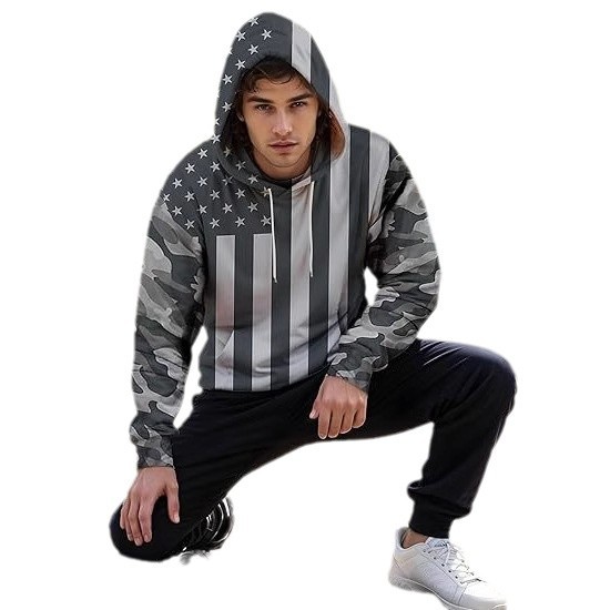 Camuflaje geométrico rayas belleza bandera estampada 3D hombres sueltos de manga larga hombro con cordón suéter con capucha sudadera