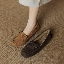 森女复古蝴蝶结豆豆鞋磨砂平底乐福鞋女棕色圆头保暖加绒单鞋40码