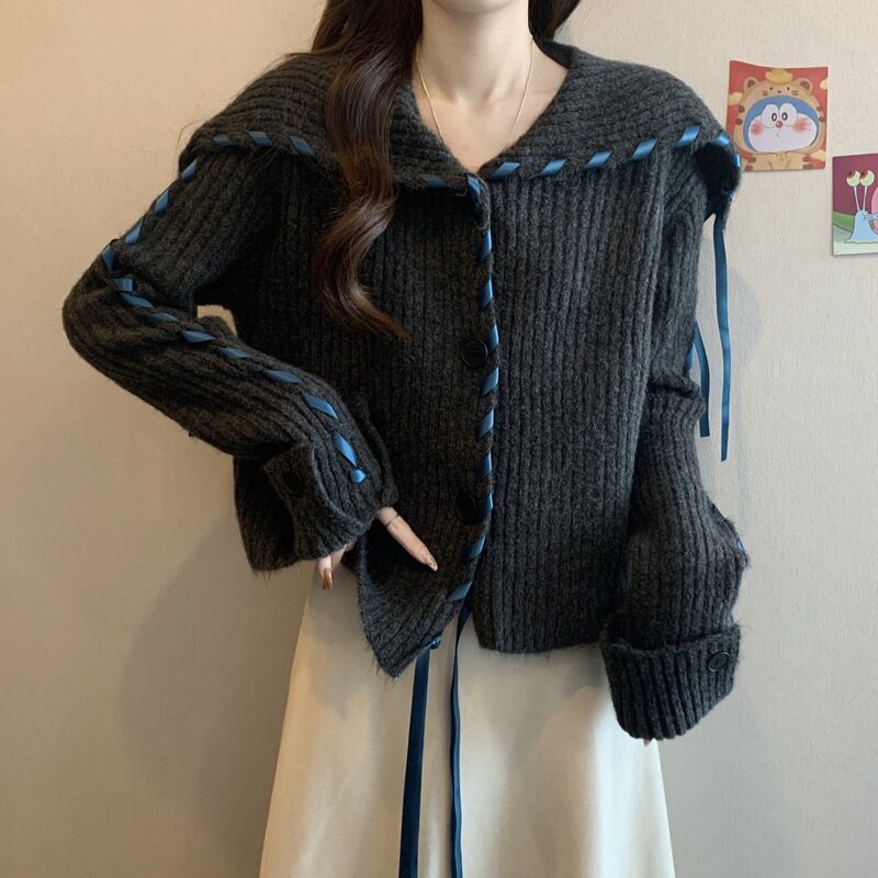 法式小香风秋冬新款外套 串绳设计时尚海军领 翻袖针织毛衣女开衫|undefined