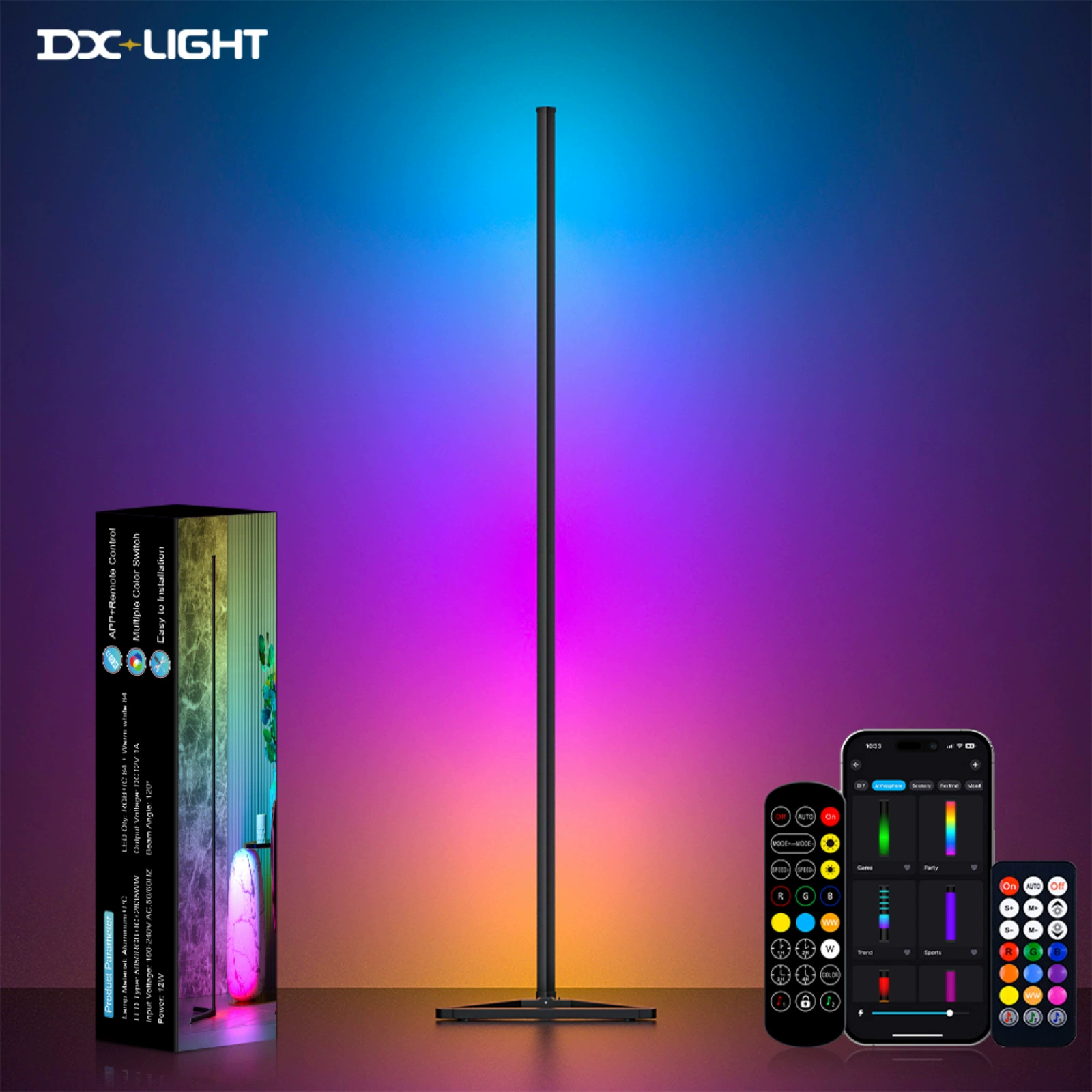 Floor Lamp DX-LIGHT 1.4 m RGB LED, Bluetooth & Remote Control, Adjustable Ambient Light