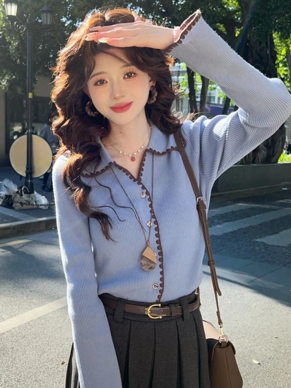 翻领蓝色毛衣女独特漂亮超好看2025新款秋季穿搭内搭打底针织上衣|undefined