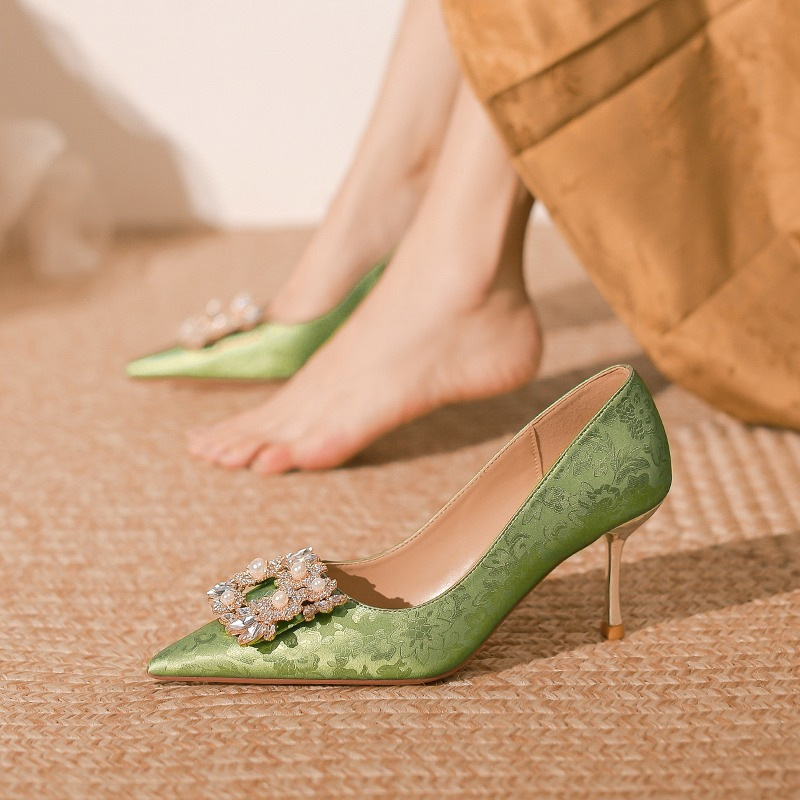 2024 New National Style New Chinese Rhinestone Square Buckle High Heels Stiletto Heel Shallow Mouth Elegant Mid-heel Pointed Single-layer Shoes for Women 2024 New National Style New Chinese Rhinestone Square Buckle High Heels Stiletto Heel Shallow Mouth Elegant Mid-heel Pointed Single-layer Shoes for Women