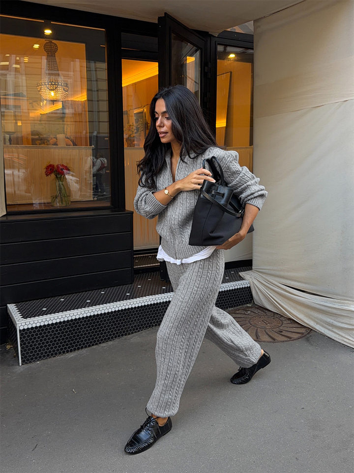 Bộ hai món nữ áo len cardigan cổ bẻ khóa kéo phối quần dài ống đứng, form rộng — Bộ hai mảnh áo len màu hồng, Bộ hai mảnh áo len màu sô cô la, Bộ hai mảnh áo len màu xanh ô liu, Bộ hai mảnh áo len màu xám chi tiết 13