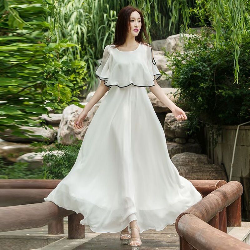 White Chiffon Dress Women's Summer New Ocean Style Sanya Super Long Long Skirt Seaside Vacation Beach Skirt
