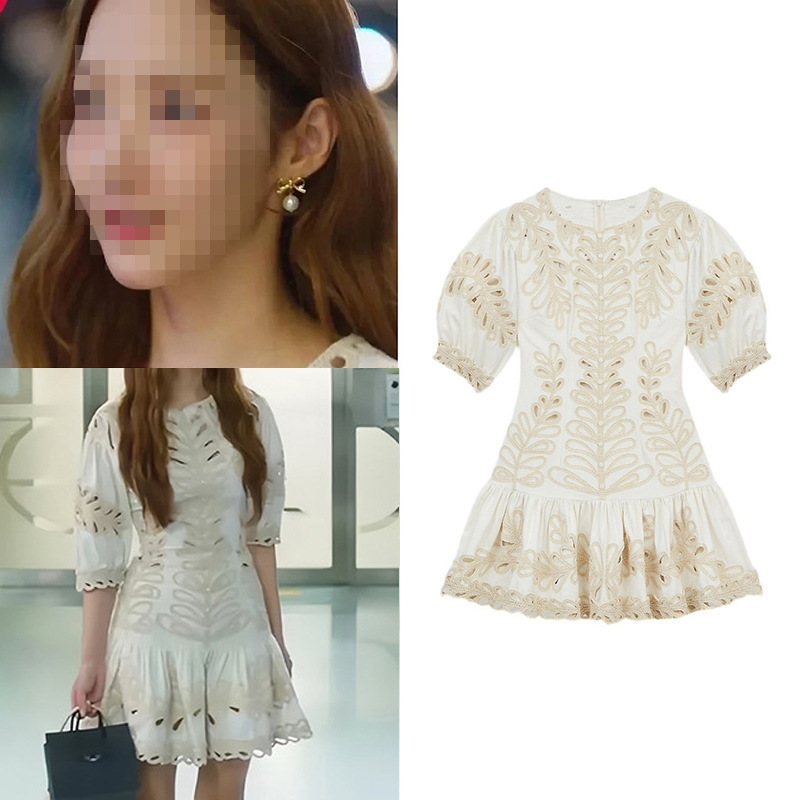 French Niche 2025 Summer Crocheted Phoenix Tail Cut Out Round Neck Puff Sleeve Waist Ruffle Dress 25480