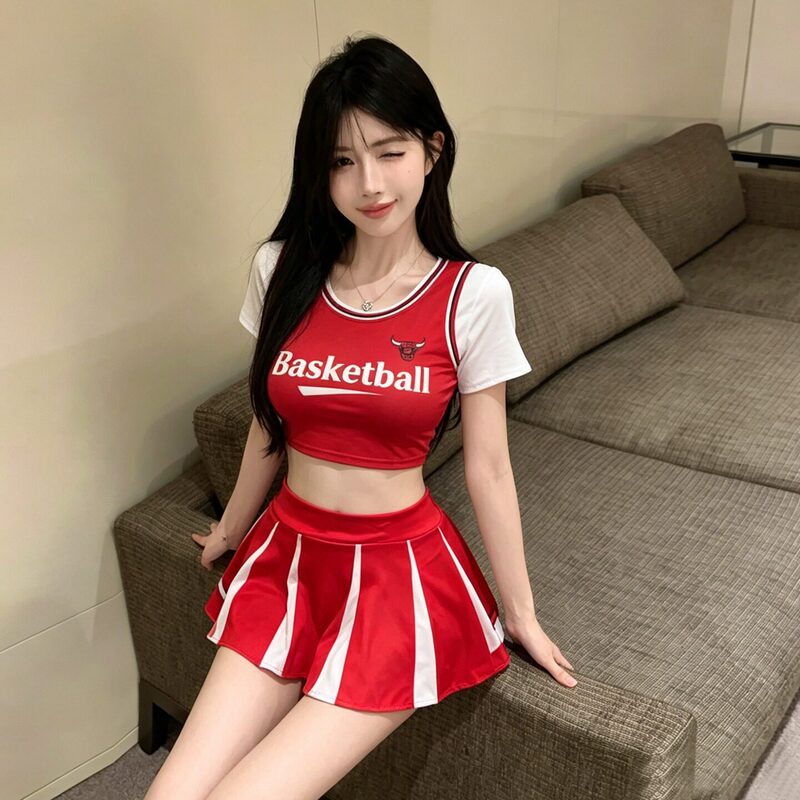 Internet Celebrity Pure-Desire Hot Girl Style Revealing Midriff Short-Sleeve T-Shirt Top + Ultra-Short Skirt Football Babe Cheerleader Outfit Set