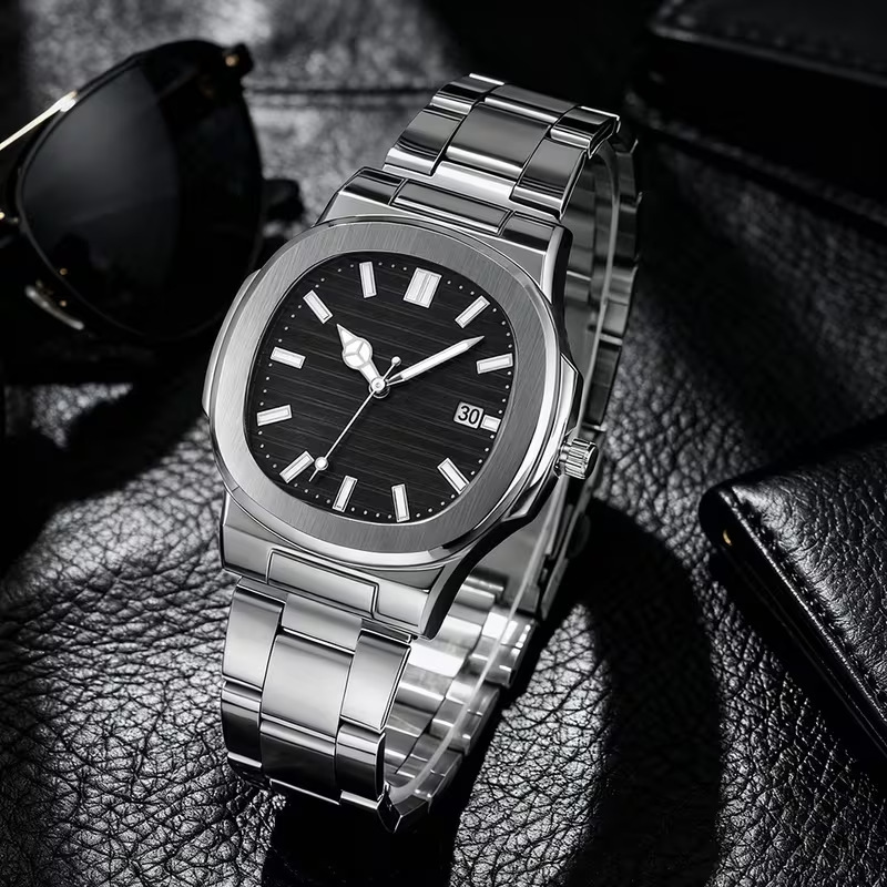 New Men's Square Sports Watch, Simple and Fashionable Steel Band Calendar Quartz Watch, Men's High-End Light Luxury Watch