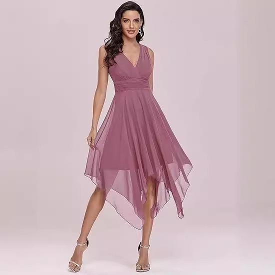 Amazon Women's Pleated Waist Sleeveless Wedding Guest Dress Chiffon Irregular Hem Cocktail Evening Dress