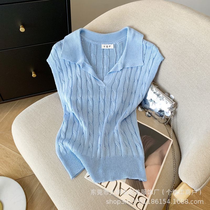 Summer New Slim French Retro Polo Collar Sleeveless Knitwear Vest Women's Slimming Look Top Twist T-Shirt Trendy