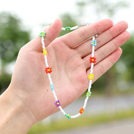 欧美跨境度假风配饰 小清新编织花朵仿珍珠项链 简约米珠雏菊项链