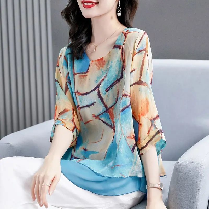여성용 7부 소매 셔츠, 라지 사이즈 쉬폰 프린트 셔츠, 2025년 여름 신상, 가벼운 럭셔리, 틈새 패션, 트렌디한 상의