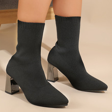 靴子女2022新款針織彈力靴尖頭襪子靴中筒高跟鞋粗跟短靴外貿批發