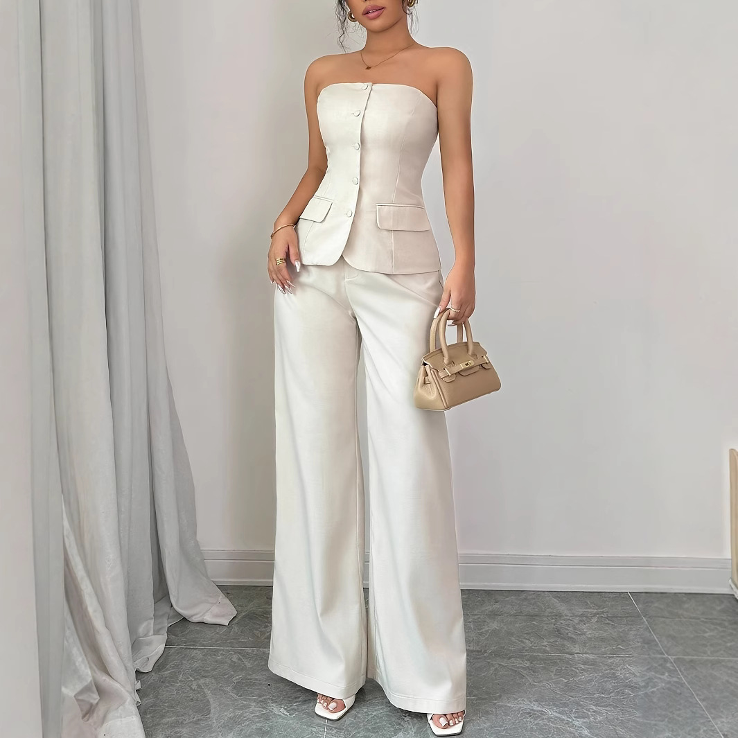 Lässiges Westen-Hosen-Set für Damen – Sommer-Basic mit geradem Bein und drapierter Passform – Atmungsaktives Polyester – Streetwear-Essentials (XS-XL, Weiß)_voghion.com