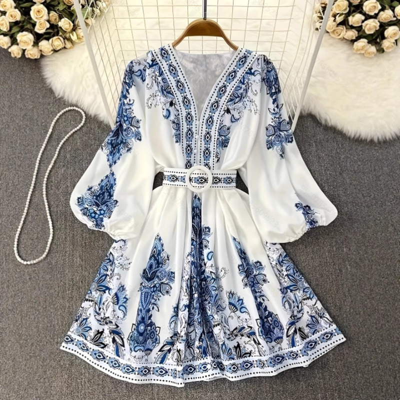 2025 Spring New European and American Women's Fashion Cross-Border Fashion V-Neck Long-Sleeved Bohemian Print Dress 2025 Spring New European and American Women's Fashion Cross-Border Fashion V-Neck Long-Sleeved Bohemian Print Dress