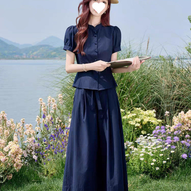 时尚套装女夏季小个子高级感洋气减龄显瘦遮肉衬衫阔腿裤裙两件套