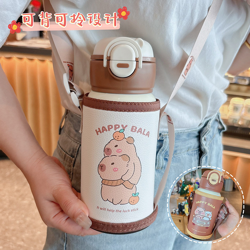 新しい Kapibara 子供用魔法瓶カップ 316 ステンレス鋼学生ポータブル屋外ワンカップダブルストローウォーターカップ|undefined