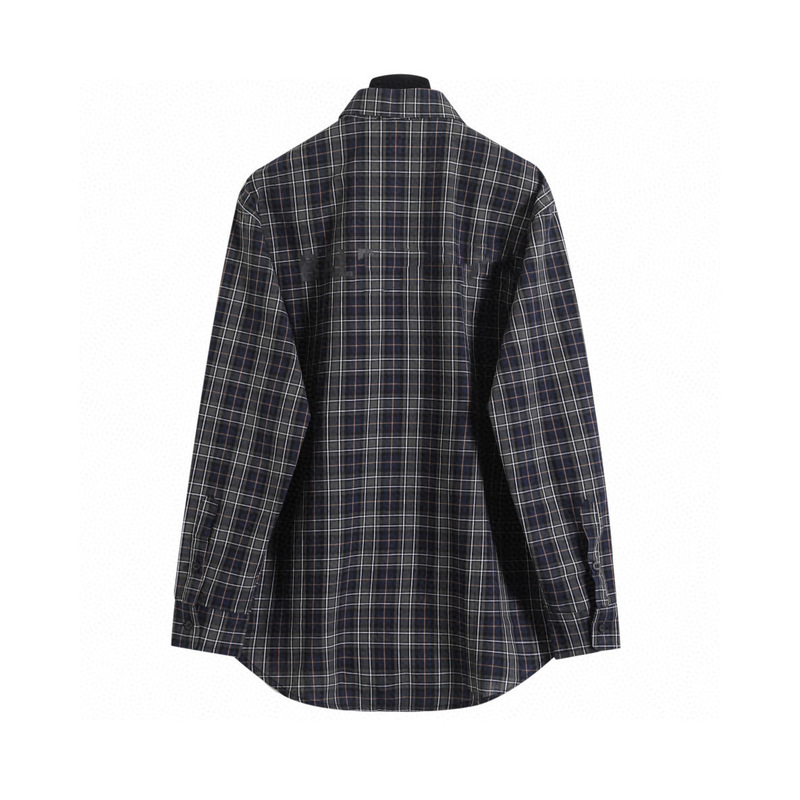 Haute Couture Men's and Women's Flat Label Gray and Green Plaid Stripesd Back Logo Printed Long-Sleeved Shirt Loose Cross-Border High Weight