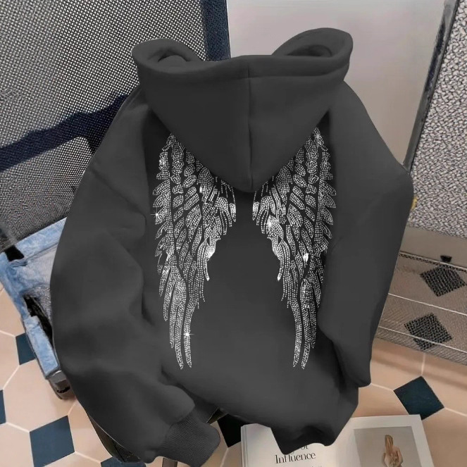 Women's Clothing Trendy Simple Design Wing Print Sweatshirt Casual Loose Sweatshirt Pullover Jacket_ecoleips.com