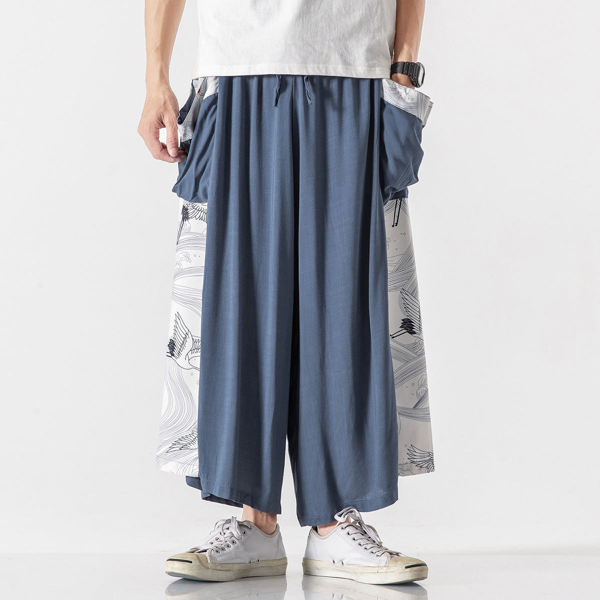 2023 Summer New Plus Size Chinese Style Ethereal Modified Hanfu Ancient Style Straight Leg Cotton Linen Crane Casual Pants, Unisex Style