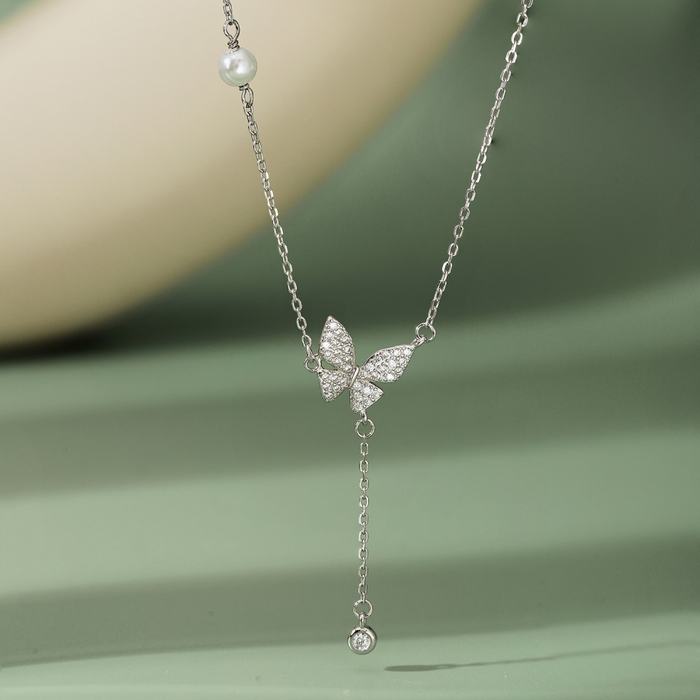 Fashion Butterfly Silver Pearl Plating Inlay Zircon Necklace 1 Piece display picture 5