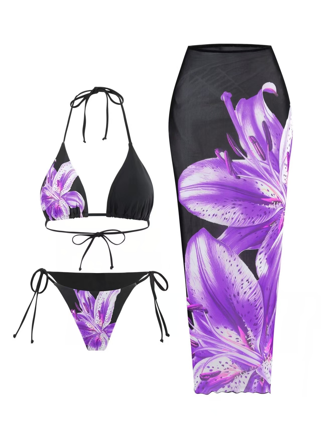Women's Lily Print Three Piece Bikini Set With Wrap Skirt_voghion.com