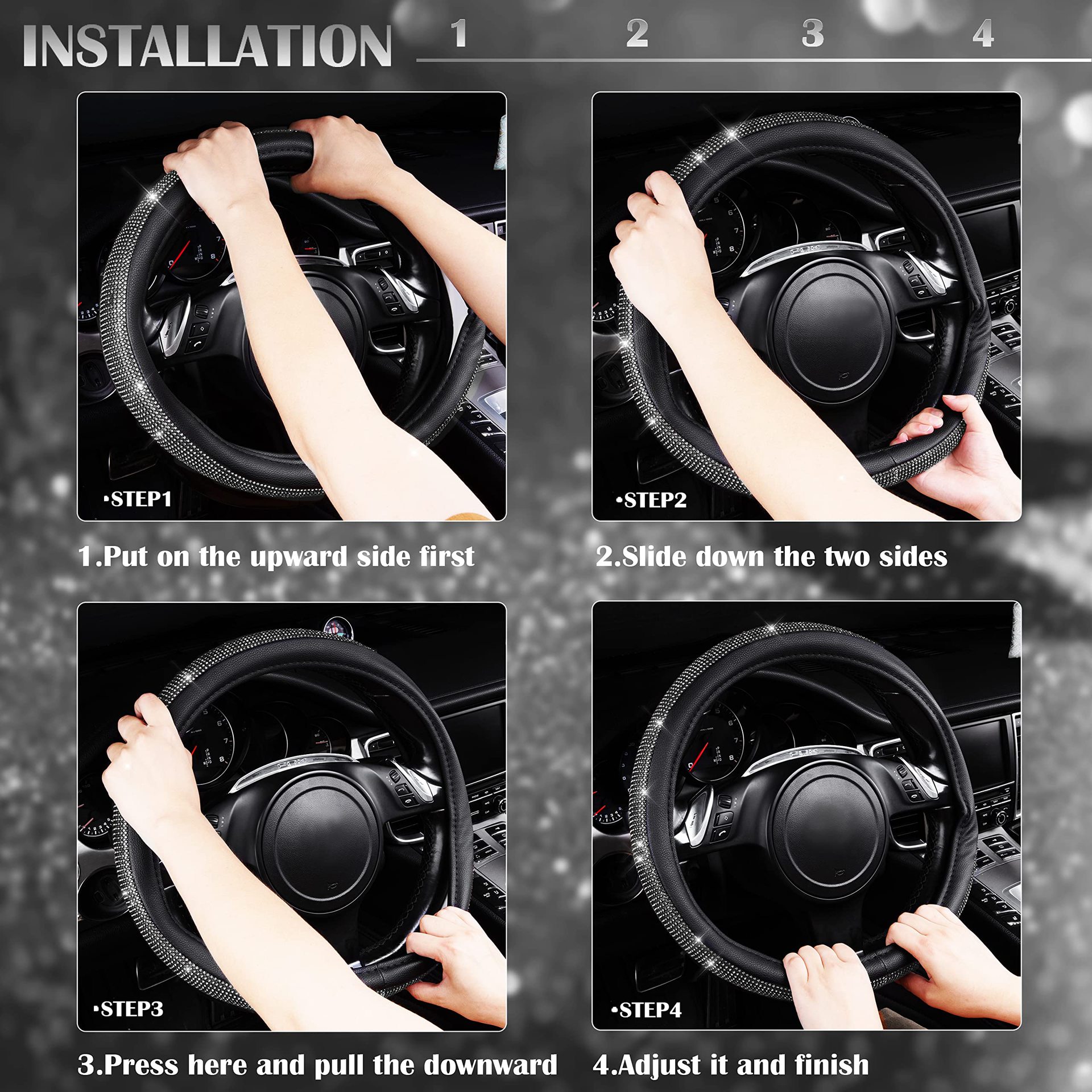 Source Factory Cross-Border Rhinestone-Embellished Leather Steering Wheel Cover Amazon Hot-Selling Rhinestone Car Steering Wheel Cover with Inner Ring and Rhinestones