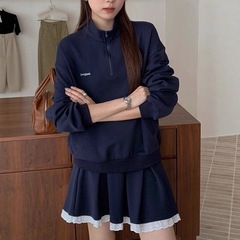 韩系学院风甜美蓝色卫衣穿搭一整套女秋冬小个子韩系感两件套装裙