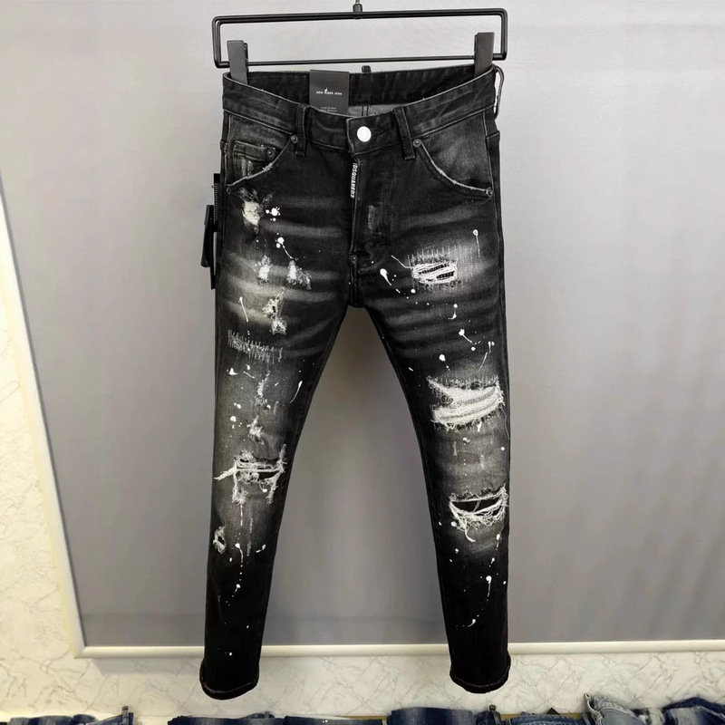 2026 Summer New Style D2 Trendy Men's Washed Distressed Patchwork Paint Slim-Fit Skinny Black Jeans for Men