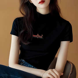 黑色紫花印花半高领无袖T恤女2025新款春季冷淡系独特别致上衣夏