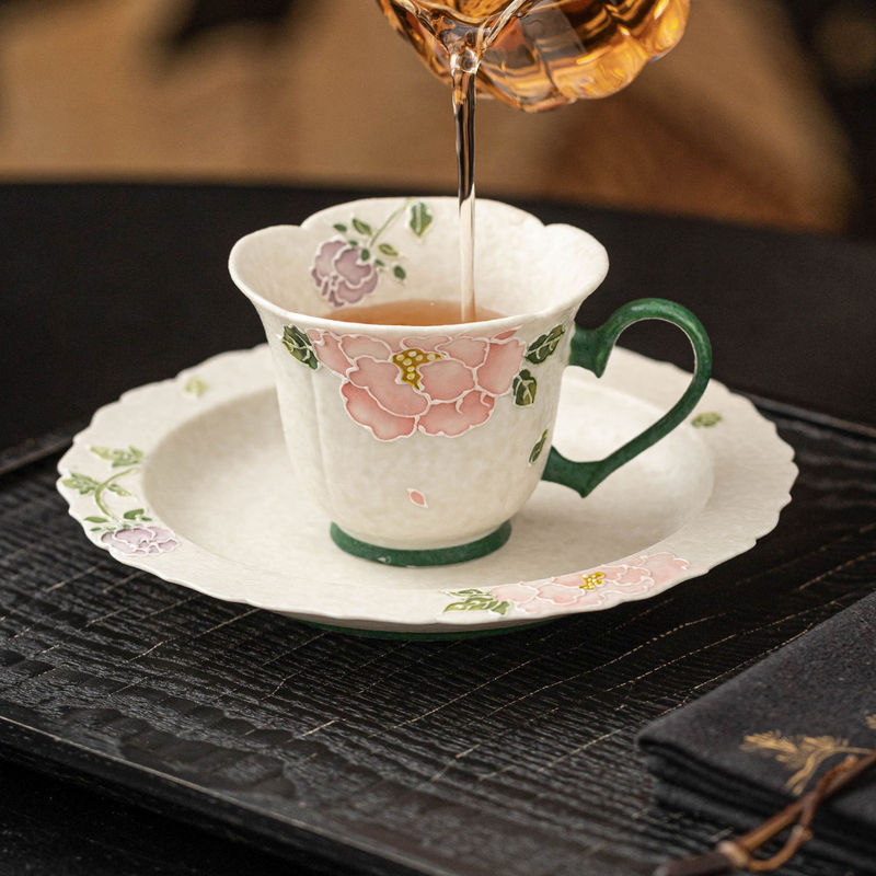 Minimalist Rock Mineral White Tea Cup with Carved Peony Design, High-End Women's Afternoon Tea Cup, Exquisite Ceramic Water Cup