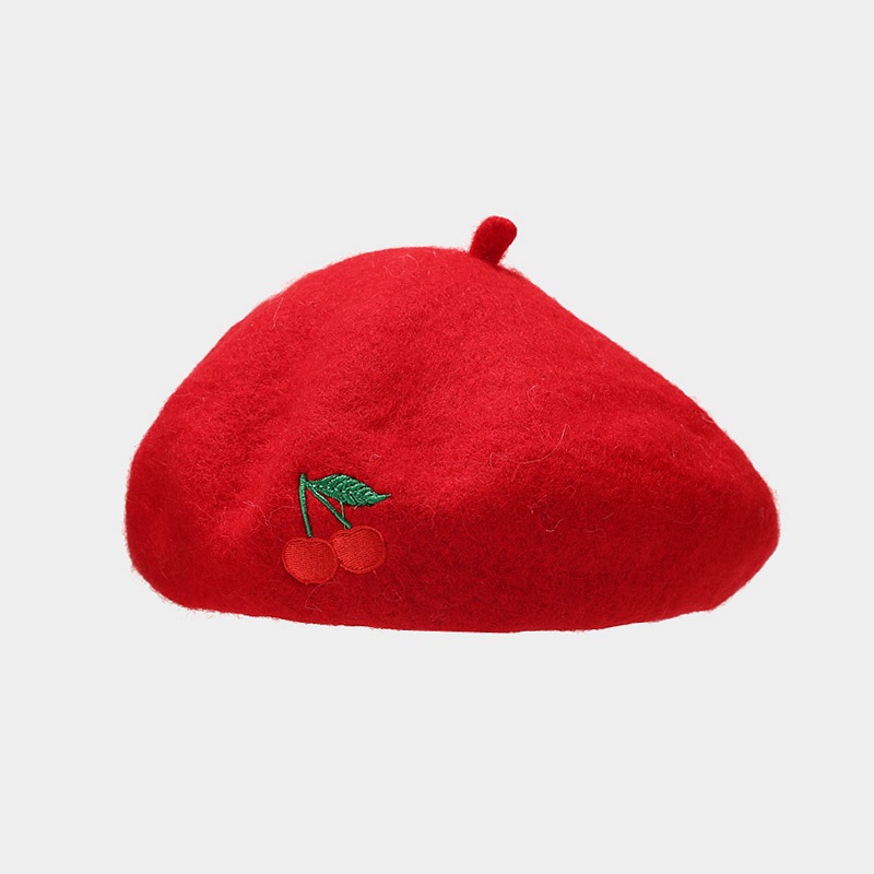 112g Weight Beret Hat Hats Type Daily Occasion Artificial Wool Material Cherry Pattern Autumn&Winter Season Women's Gender Embroidery Design Cute, Sweet Style Eaveless Rim Women's Cute Sweet Cherry Embroidery Eaveless Beret Hat 13