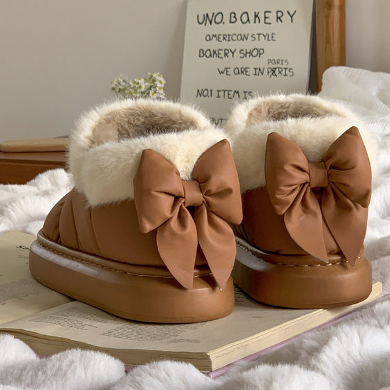 New Bow Cotton Slippers Women's Autumn and Winter Indoor Household Moon Shoes Thick Sole Non-slip fleece-lined Warm Bag Heel Cotton Shoes