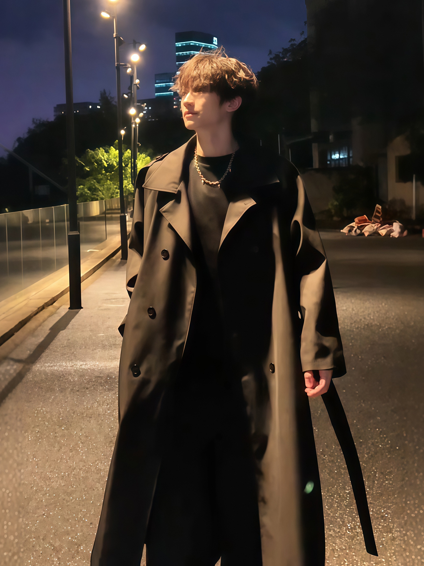 Korean-Style Double-Breasted Trench Coat for Men, Autumn College Student British Style Mid-Length Over-The-Knee Black Coat