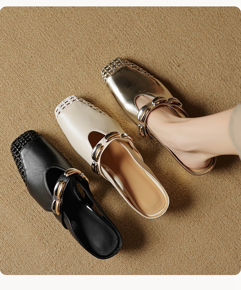 Giày mule nữ da bò đế xuồng hở gót, thiết kế khoét lỗ thoáng khí, gót vừa phải — đen chi tiết 14