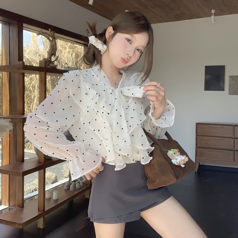 韩系设计感荷叶边波点长袖衬衫女秋季新款宽松蝴蝶结系带衬衣上衣|undefined