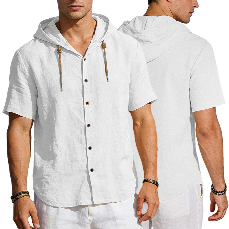 Camisa de lino con capucha para hombre, estilo europeo y americano, transfronteriza, de Amazon, con botones, fina, de verano, informal, de manga corta.