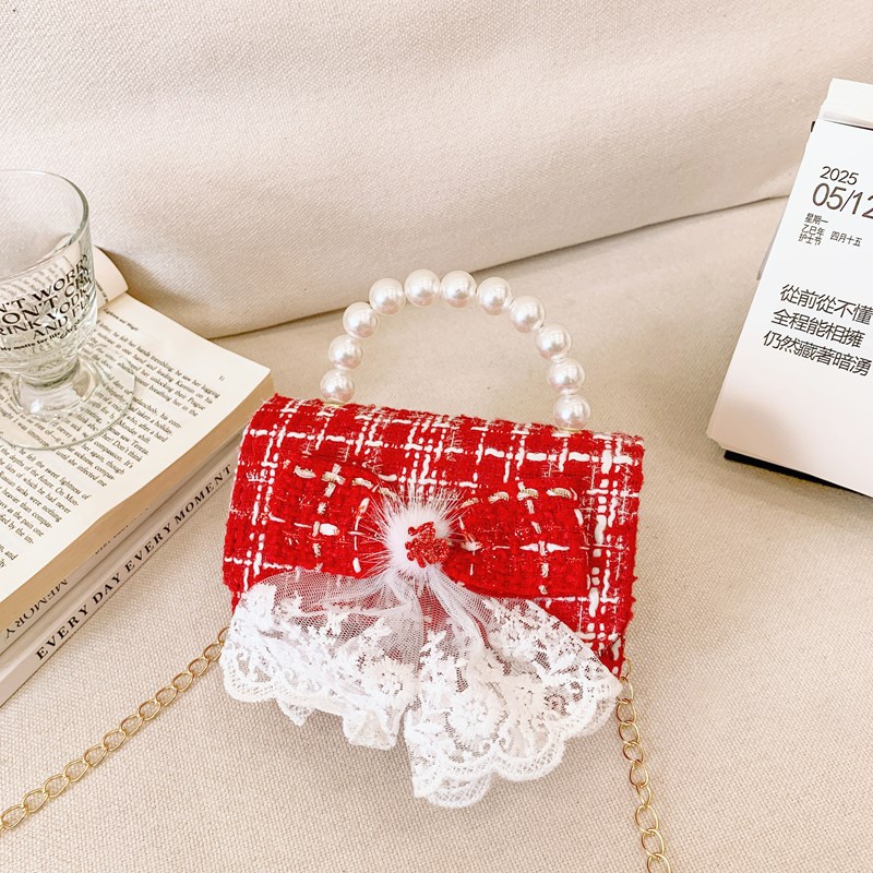 Pequeño viento rojo perfumado bolsos de Año Nuevo para niños y niñas lindos bolsos de perlas de arco 2025 nuevos bolsos de cadenas para niños