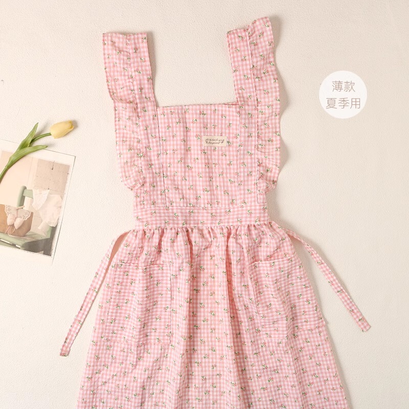 Korean Style Summer Breathable Thin Apron Girl's Sweet Princess Plaid Bubble Cotton Fabric Home Kitchen New Arrival Strap Korean Style Summer Breathable Thin Apron Girl's Sweet Princess Plaid Bubble Cotton Fabric Home Kitchen New Arrival Strap
