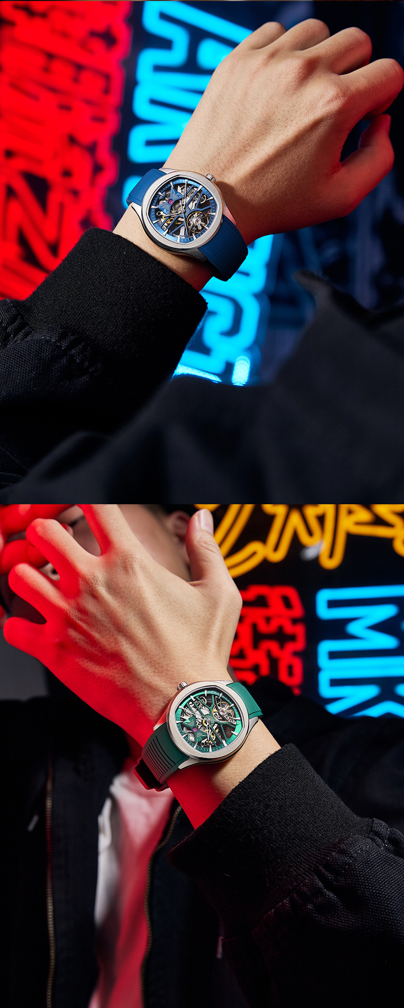 Montre mécanique automatique squelette pour homme, aiguilles lumineuses, fond transparent_voghion.com